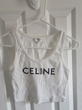 Celine White Tank with Black Logo